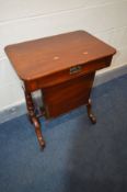 A LATE VICTORIAN MAHOGANY WORK BOX, with canted edges to top, single drawer, copper drop handle,
