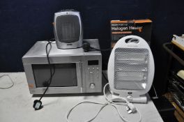 A SAINSBURY'S STAINLESS STEEL MICROWAVE, a Prem I Air Halogen Heater and a Prem I Air Fan Heater (