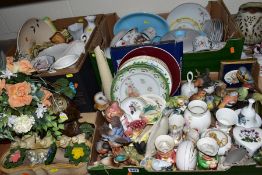 THREE BOXES OF CERAMICS AND LOOSE including assorted modern bird and animal ornaments, plates,