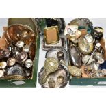 A BOX OF SILVER PLATED SERVING TRAYS, AND HOLLOWARES, to include teapots, sugar bowls and creamers