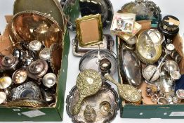 A BOX OF SILVER PLATED SERVING TRAYS, AND HOLLOWARES, to include teapots, sugar bowls and creamers