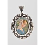 A PENDANT/BROOCH, of oval outline with central hand painted portrait of a lady within a scrolling