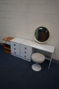 A WHITE DRESSING TABLE AND MATCHING CHEST OF THREE DRAWERS, a stag circular dressing table mirror