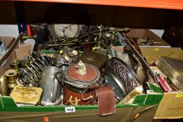 FOUR BOXES OF METALWARES AND CUTLERY, etc, including an aneroid barometer in a circular carved oak