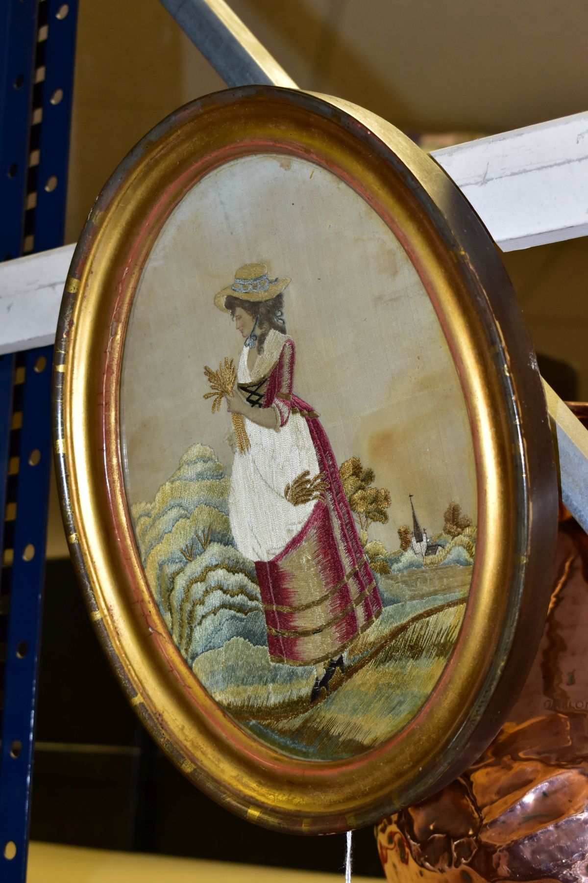 A LATE 18TH CENTURY EMBROIDERED SILKWORK PICTURE OF A LADY HARVESTING CORN, church to the - Image 2 of 5