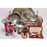 A MIXED BOX OF METALWARE, to include silver plated serving trays, cocktail shakers silver plated