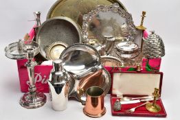 A MIXED BOX OF METALWARE, to include silver plated serving trays, cocktail shakers silver plated