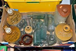 A BOX OF STONEWARE FLAGONS, VINTAGE GLASS BOTTLES, STONEWARE HOT WATER BOTTLE, ETC, the flagons