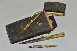 A LATE GEORGIAN SHAGREEN CASED DRAWING INSTRUMENT SET, incomplete, includes ivory rule, no maker's