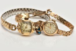 TWO LADIES WRISTWATCHES, featuring a 9ct gold hand wound Rotary watch, silvered dial with gold baton