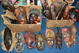 TWO BOXES OF 20TH CENTURY CARVED AFRICAN FACE MASKS AND WALL HANGINGS, etc, a variety of different