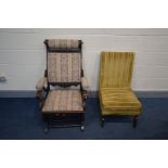 AN EDWARDIAN WALNUT AMERICAN ROCKING CHAIR with adjustable head rest and a period bedroom chair (2)