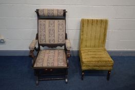 AN EDWARDIAN WALNUT AMERICAN ROCKING CHAIR with adjustable head rest and a period bedroom chair (2)