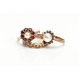 THREE DRESS RINGS, to include a hallmarked 9ct gold cultured pearl and garnet cluster ring, ring
