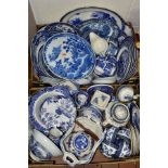 TWO BOXES OF BLUE AND WHITE TEA/DINNER WARES, to include Booths 'Real Old Willow' teaset (teapot,