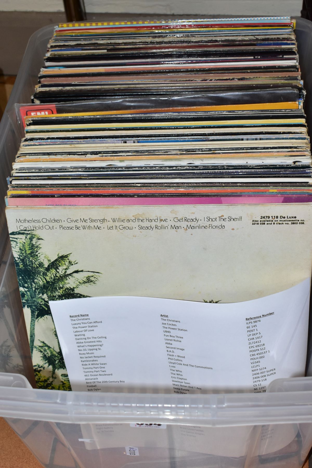 A TRAY CONTAINING APPROXIMATELY NINETY LP'S FROM THE 1970'S AND 80'S, artists include Deep Purple,