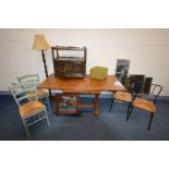 A PAIR OF MODERN METAL FRAMED CHAIRS, a pair of green painted rush seated chairs, an oak art deco