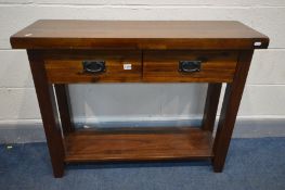 A MODERN HARDWOOD HALL TABLE with two drawers, width 100cm x depth 33cm x height 78cm