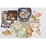 A SELECTION OF COINS AND NOTES, to include old Cypriot and Portuguese currency, old British coins to