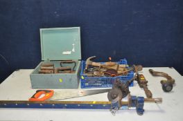 A WOODEN BOX AND A TRAY CONTAINING VINTAGE TOOLS including a Joseph Marples of Sheffield brace, a