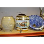 THREE VARIOUS CERAMIC AND GLASS SPIRIT BARRELS, A VICTORIAN BLUE AND WHITE TOILET BOWL AND A