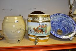 THREE VARIOUS CERAMIC AND GLASS SPIRIT BARRELS, A VICTORIAN BLUE AND WHITE TOILET BOWL AND A