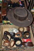 FOUR BOXES OF BELTS, BELT BUCKLES AND AN AUSTRALIAN 'JACKAROO' LEATHER HAT, size XL, the belts are