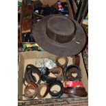 FOUR BOXES OF BELTS, BELT BUCKLES AND AN AUSTRALIAN 'JACKAROO' LEATHER HAT, size XL, the belts are