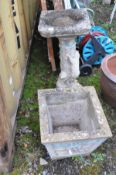 A COMPOSITE GARDEN BIRD BATH featuring three kittens and a mouse climbing a foliate covered column