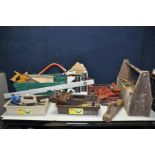 A QUANTITY OF VINTAGE CARPENTRY TOOLS including a wooden rebating plane, a wooden 14in plane, bit