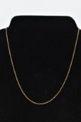 A 9CT GOLD FINE CURB LINK CHAIN, fitted with a spring clasp stamped 9ct gold London import, length