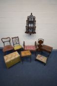 A COLLECTION OF MAHOGANY OCCASSIONAL FURNITURE to include a wall hanging three tier shelf (