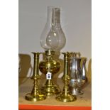 A SMALL GROUP OF METALWARE, comprising a brass oil lamp, with glass funnel, height overall 46cm, a