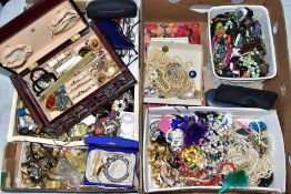 TWO BOXES OF MAINLY COSTUME JEWELLERY, to include a 'Jewelcraft' leaf brooch, a continental