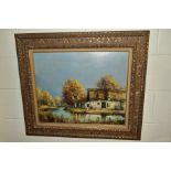 A CONTINENTAL RIVER LANDSCAPE with thatched cottage and cattle, indistinctly signed Nagy?, oil on