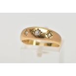 AN 18CT GOLD THREE STONE DIAMOND RING, designed with three, star set old cut diamonds, total