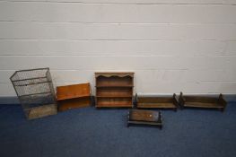 SIX VARIOUS PIECES OF SHELVING, to include a pair of oak book stands, another bookstand, two other