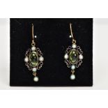 A PAIR OF PERIDOT AND OPAL DROP EARRINGS, the central oval peridot cabochon with four circular