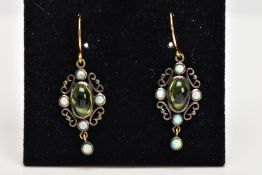 A PAIR OF PERIDOT AND OPAL DROP EARRINGS, the central oval peridot cabochon with four circular