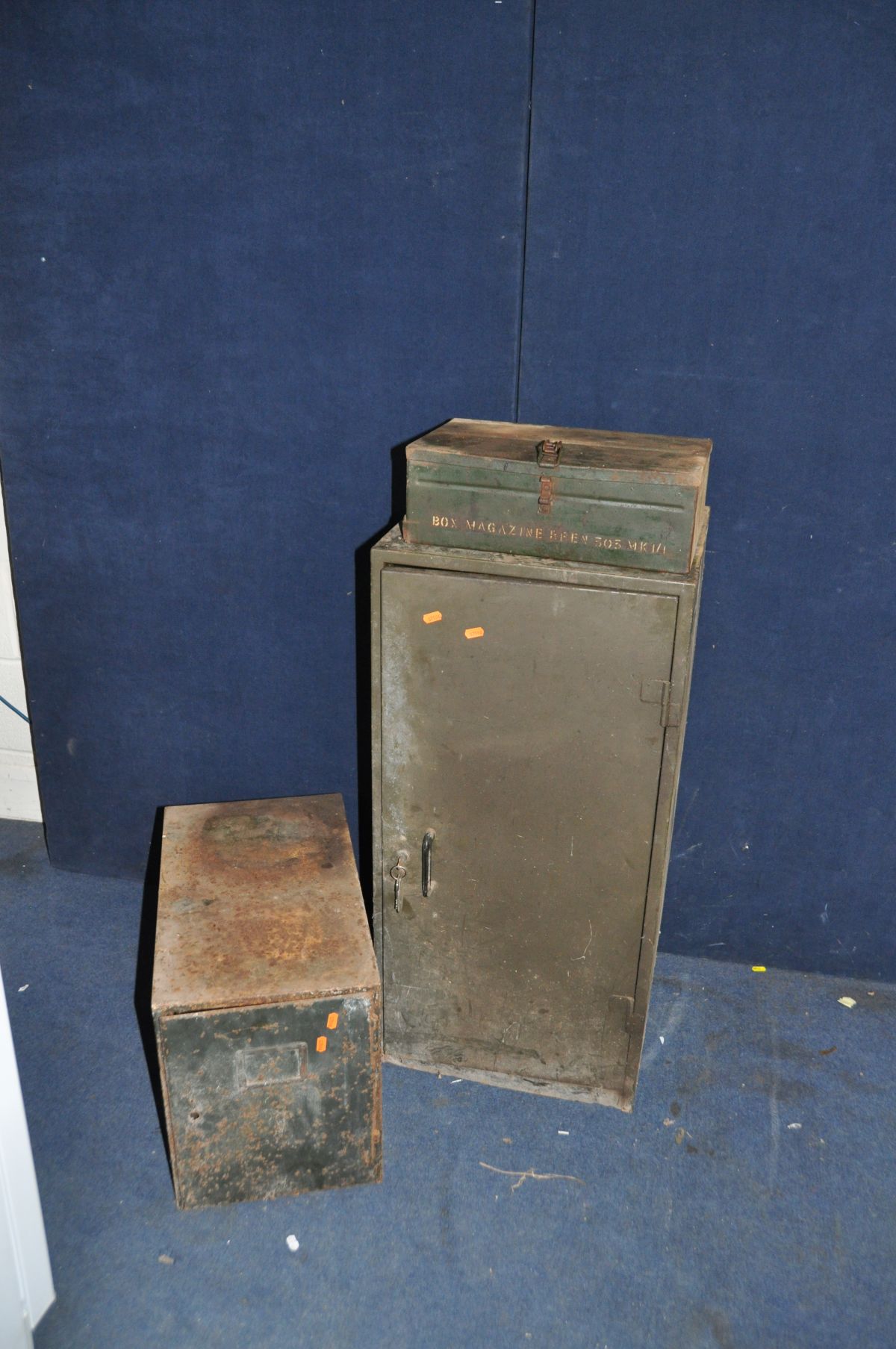 AN INDUSTRIAL METAL CABINET with key width 44cm depth 38cm height 91cm, a vintage Ammo box with Bren