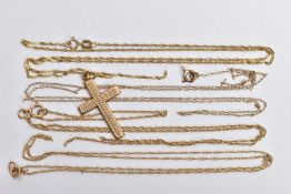 A 9CT GOLD CROSS PENDANT AND FOUR BROKEN YELLOW METAL CHAINS, the textured cross pendant, hallmarked