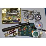A TIN CONTAINING CAR BADGES, ASHBOURNE SHOW BADGE AND TIE PINS OTHER COLLECTABLES, including a