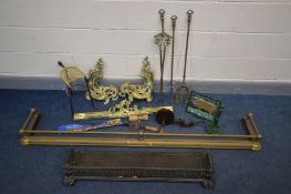 A QUANTITY OF METALWARE AND MISCELLANEOUS to include a brass fender, fire irons, wrought iron fire