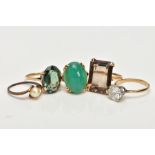 FIVE MODERN DRESS RINGS, all hallmarked or stamped '9ct', to include a large Citrine, a dyed green