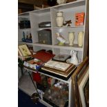A QUANTITY OF PICTURES AND PRINTS, CERAMICS, GLASSWARE, STORAGE BOXES, etc, to include a scratch