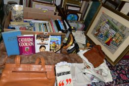 FOUR BOXES OF BOOKS, PICTURES, WALKING STICKS, etc, including a modern coney fur ladies coat, size