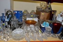 A GROUP OF CUT GLASS AND COLOURED GLASS, including boxed Tutbury crystal cut glass stem vases, boxed