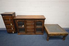 THREE VARIOUS PIECES OF IRON AND MANGOWOOD FURNITURE, to include a sideboard with four central