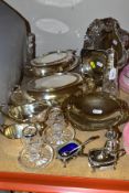 A SMALL GROUP OF PLATED WARES AND SILVER COLLARED/TOPPED ITEMS, to include silver topped glass