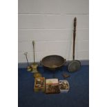 A QUANTITY OF METALWARE to include a wrought iron oval log bucket, warming pan, various fire irons